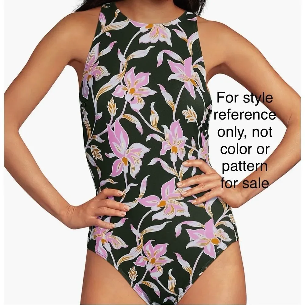Lands End One Piece Swimsuit Colorful Patterned Bathing Suit Black Blue size 6L